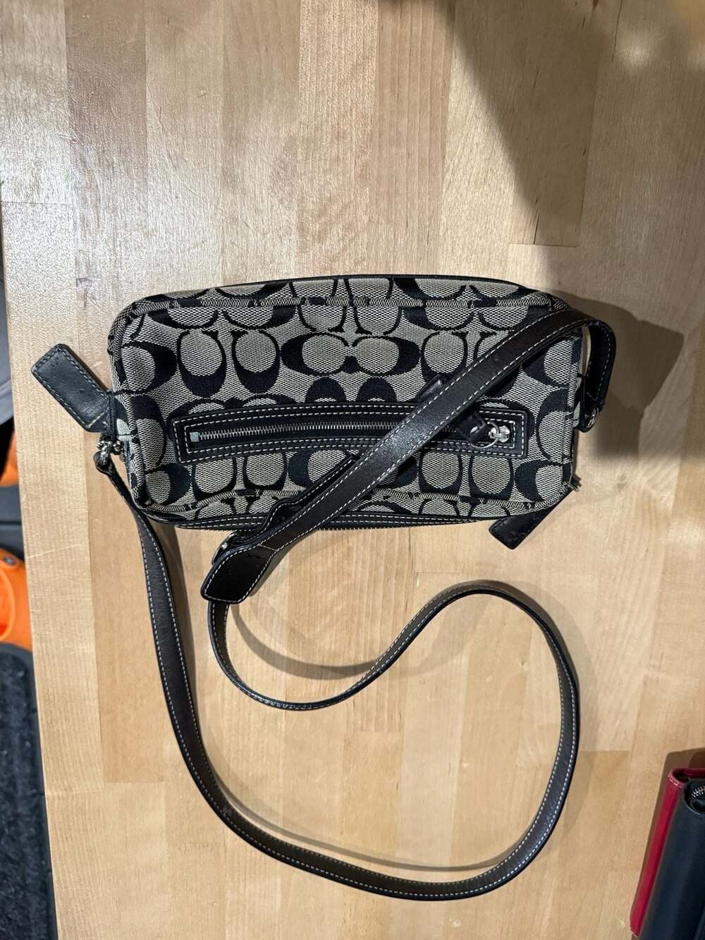 COACH Signature 6073 Shoulder Bag Pochette Black Grey Jacquard & Leather (CC)
